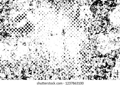Grunge overlay layer. Abstract black and white vector background. Monochrome vintage surface with dirty pattern in cracks, spots, dots. Old wall in dark horror style design