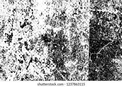 Grunge overlay layer. Abstract black and white vector background. Monochrome vintage surface with dirty pattern in cracks, spots, dots. Old wall in dark horror style design