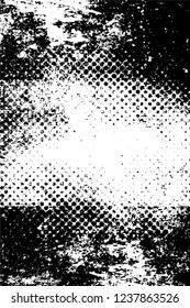 Grunge overlay layer. Abstract black and white vector background. Monochrome vintage surface with dirty pattern in cracks, spots, dots. Old wall in dark horror style design