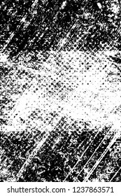 Grunge overlay layer. Abstract black and white vector background. Monochrome vintage surface with dirty pattern in cracks, spots, dots. Old wall in dark horror style design