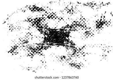 Grunge overlay layer. Abstract black and white vector background. Monochrome vintage surface with dirty pattern in cracks, spots, dots. Old wall in dark horror style design
