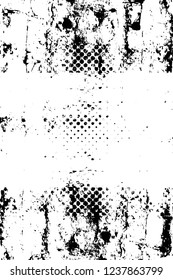 Grunge overlay layer. Abstract black and white vector background. Monochrome vintage surface with dirty pattern in cracks, spots, dots. Old wall in dark horror style design