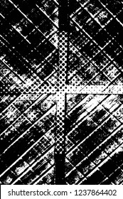 Grunge overlay layer. Abstract black and white vector background. Monochrome vintage surface with dirty pattern in cracks, spots, dots. Old wall in dark horror style design