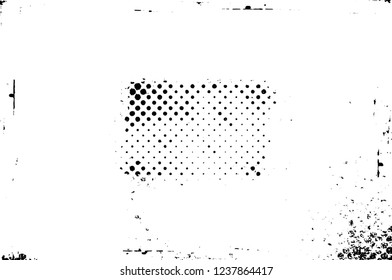 Grunge overlay layer. Abstract black and white vector background. Monochrome vintage surface with dirty pattern in cracks, spots, dots. Old wall in dark horror style design