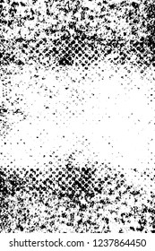 Grunge overlay layer. Abstract black and white vector background. Monochrome vintage surface with dirty pattern in cracks, spots, dots. Old wall in dark horror style design