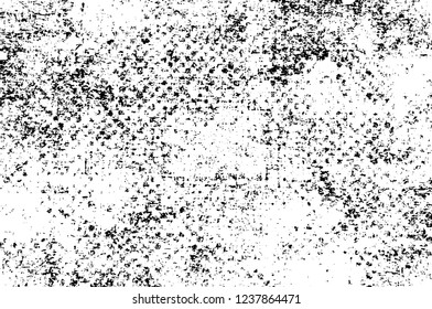 Grunge overlay layer. Abstract black and white vector background. Monochrome vintage surface with dirty pattern in cracks, spots, dots. Old wall in dark horror style design