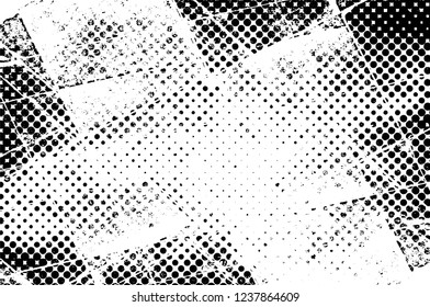 Grunge overlay layer. Abstract black and white vector background. Monochrome vintage surface with dirty pattern in cracks, spots, dots. Old wall in dark horror style design
