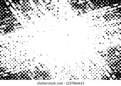Grunge overlay layer. Abstract black and white vector background. Monochrome vintage surface with dirty pattern in cracks, spots, dots. Old wall in dark horror style design