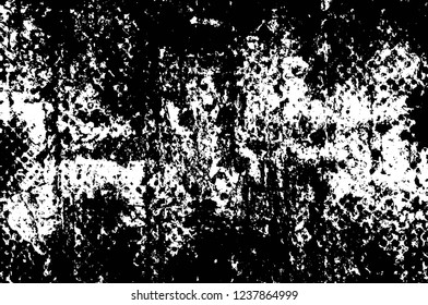 Grunge overlay layer. Abstract black and white vector background. Monochrome vintage surface with dirty pattern in cracks, spots, dots. Old wall in dark horror style design