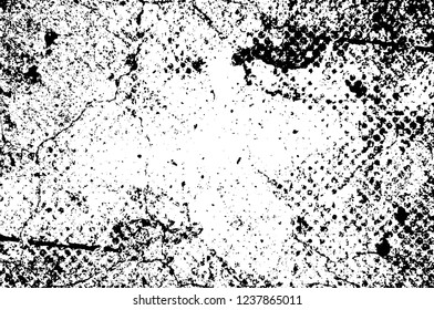 Grunge overlay layer. Abstract black and white vector background. Monochrome vintage surface with dirty pattern in cracks, spots, dots. Old wall in dark horror style design
