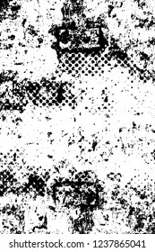 Grunge overlay layer. Abstract black and white vector background. Monochrome vintage surface with dirty pattern in cracks, spots, dots. Old wall in dark horror style design