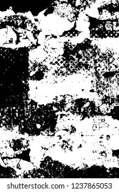 Grunge overlay layer. Abstract black and white vector background. Monochrome vintage surface with dirty pattern in cracks, spots, dots. Old wall in dark horror style design