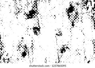 Grunge overlay layer. Abstract black and white vector background. Monochrome vintage surface with dirty pattern in cracks, spots, dots. Old wall in dark horror style design