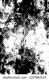 Grunge overlay layer. Abstract black and white vector background. Monochrome vintage surface with dirty pattern in cracks, spots, dots. Old wall in dark horror style design