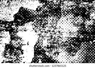 Grunge overlay layer. Abstract black and white vector background. Monochrome vintage surface with dirty pattern in cracks, spots, dots. Old wall in dark horror style design