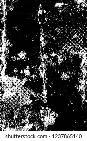 Grunge overlay layer. Abstract black and white vector background. Monochrome vintage surface with dirty pattern in cracks, spots, dots. Old wall in dark horror style design