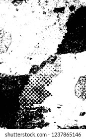 Grunge overlay layer. Abstract black and white vector background. Monochrome vintage surface with dirty pattern in cracks, spots, dots. Old wall in dark horror style design