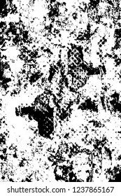 Grunge overlay layer. Abstract black and white vector background. Monochrome vintage surface with dirty pattern in cracks, spots, dots. Old wall in dark horror style design