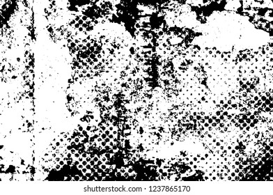 Grunge overlay layer. Abstract black and white vector background. Monochrome vintage surface with dirty pattern in cracks, spots, dots. Old wall in dark horror style design