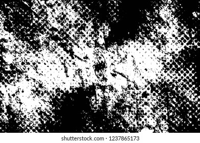 Grunge overlay layer. Abstract black and white vector background. Monochrome vintage surface with dirty pattern in cracks, spots, dots. Old wall in dark horror style design