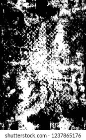 Grunge overlay layer. Abstract black and white vector background. Monochrome vintage surface with dirty pattern in cracks, spots, dots. Old wall in dark horror style design