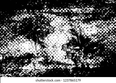 Grunge overlay layer. Abstract black and white vector background. Monochrome vintage surface with dirty pattern in cracks, spots, dots. Old wall in dark horror style design