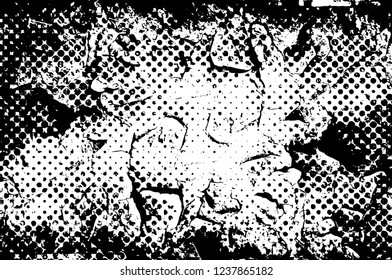 Grunge overlay layer. Abstract black and white vector background. Monochrome vintage surface with dirty pattern in cracks, spots, dots. Old wall in dark horror style design