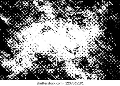 Grunge overlay layer. Abstract black and white vector background. Monochrome vintage surface with dirty pattern in cracks, spots, dots. Old wall in dark horror style design