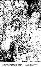 Grunge overlay layer. Abstract black and white vector background. Monochrome vintage surface with dirty pattern in cracks, spots, dots. Old wall in dark horror style design