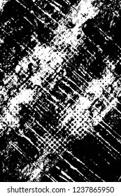 Grunge overlay layer. Abstract black and white vector background. Monochrome vintage surface with dirty pattern in cracks, spots, dots. Old wall in dark horror style design