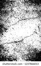 Grunge overlay layer. Abstract black and white vector background. Monochrome vintage surface with dirty pattern in cracks, spots, dots. Old wall in dark horror style design