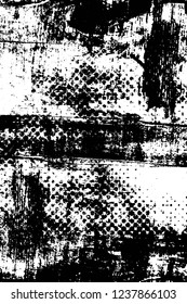 Grunge overlay layer. Abstract black and white vector background. Monochrome vintage surface with dirty pattern in cracks, spots, dots. Old wall in dark horror style design