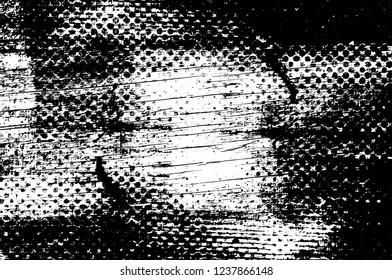 Grunge overlay layer. Abstract black and white vector background. Monochrome vintage surface with dirty pattern in cracks, spots, dots. Old wall in dark horror style design