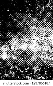 Grunge overlay layer. Abstract black and white vector background. Monochrome vintage surface with dirty pattern in cracks, spots, dots. Old wall in dark horror style design