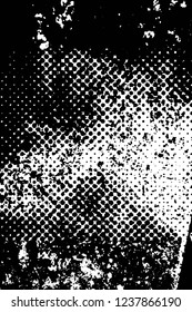 Grunge overlay layer. Abstract black and white vector background. Monochrome vintage surface with dirty pattern in cracks, spots, dots. Old wall in dark horror style design