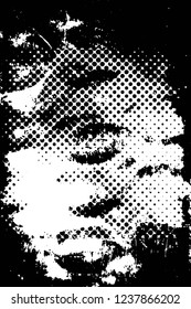 Grunge overlay layer. Abstract black and white vector background. Monochrome vintage surface with dirty pattern in cracks, spots, dots. Old wall in dark horror style design