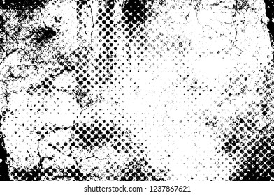 Grunge overlay layer. Abstract black and white vector background. Monochrome vintage surface with dirty pattern in cracks, spots, dots. Old wall in dark horror style design