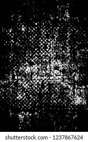 Grunge overlay layer. Abstract black and white vector background. Monochrome vintage surface with dirty pattern in cracks, spots, dots. Old wall in dark horror style design