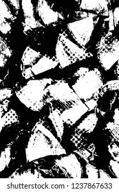 Grunge overlay layer. Abstract black and white vector background. Monochrome vintage surface with dirty pattern in cracks, spots, dots. Old wall in dark horror style design