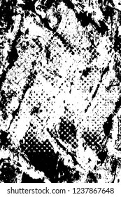 Grunge overlay layer. Abstract black and white vector background. Monochrome vintage surface with dirty pattern in cracks, spots, dots. Old wall in dark horror style design