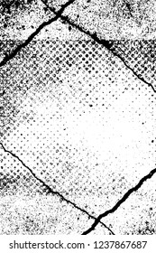 Grunge overlay layer. Abstract black and white vector background. Monochrome vintage surface with dirty pattern in cracks, spots, dots. Old wall in dark horror style design