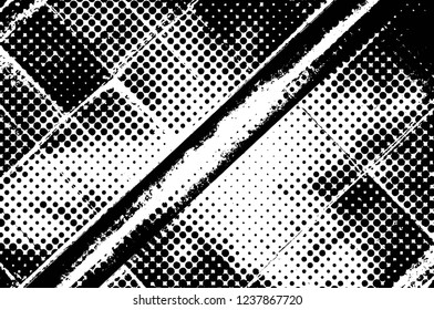 Grunge overlay layer. Abstract black and white vector background. Monochrome vintage surface with dirty pattern in cracks, spots, dots. Old wall in dark horror style design