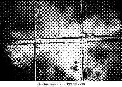 Grunge overlay layer. Abstract black and white vector background. Monochrome vintage surface with dirty pattern in cracks, spots, dots. Old wall in dark horror style design