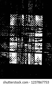 Grunge overlay layer. Abstract black and white vector background. Monochrome vintage surface with dirty pattern in cracks, spots, dots. Old wall in dark horror style design