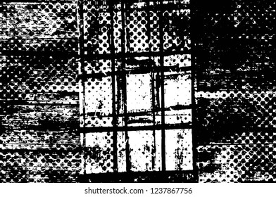 Grunge overlay layer. Abstract black and white vector background. Monochrome vintage surface with dirty pattern in cracks, spots, dots. Old wall in dark horror style design
