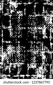 Grunge overlay layer. Abstract black and white vector background. Monochrome vintage surface with dirty pattern in cracks, spots, dots. Old wall in dark horror style design