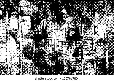 Grunge overlay layer. Abstract black and white vector background. Monochrome vintage surface with dirty pattern in cracks, spots, dots. Old wall in dark horror style design
