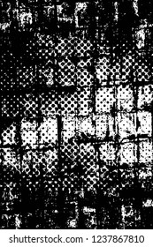 Grunge overlay layer. Abstract black and white vector background. Monochrome vintage surface with dirty pattern in cracks, spots, dots. Old wall in dark horror style design