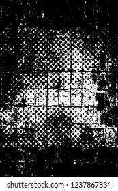 Grunge overlay layer. Abstract black and white vector background. Monochrome vintage surface with dirty pattern in cracks, spots, dots. Old wall in dark horror style design
