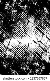 Grunge overlay layer. Abstract black and white vector background. Monochrome vintage surface with dirty pattern in cracks, spots, dots. Old wall in dark horror style design
